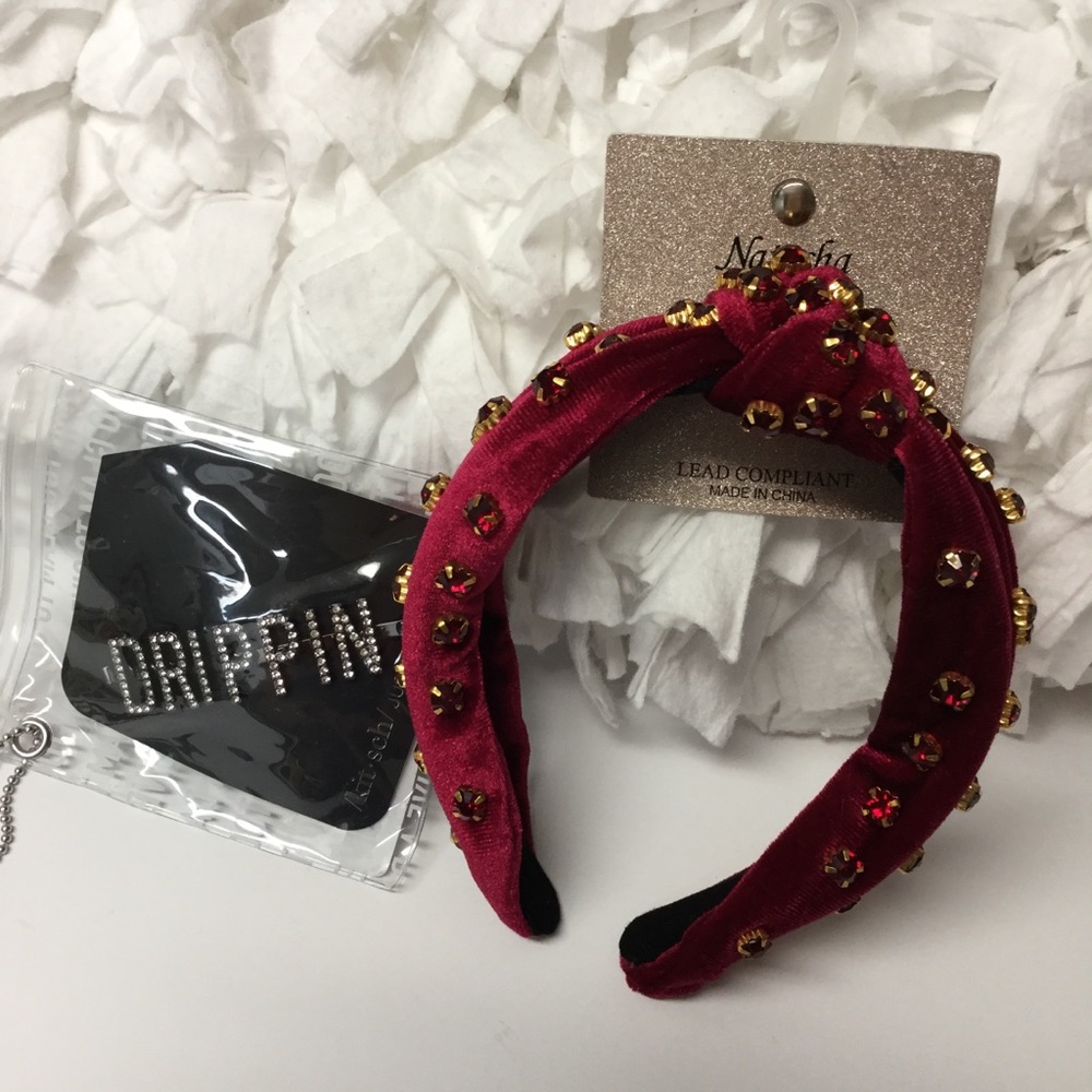 HAIR Twist Knot Top Knot Velvet Jeweled Headband + Drippin’ Embellished Clip